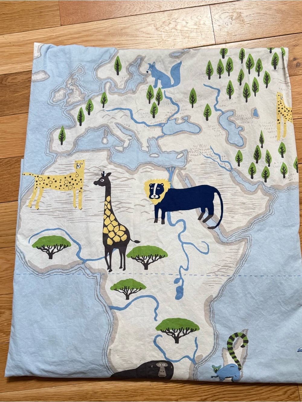 Pottery Barn Kids World Map Animals Shower Curtain 72x72 Cotton Blue